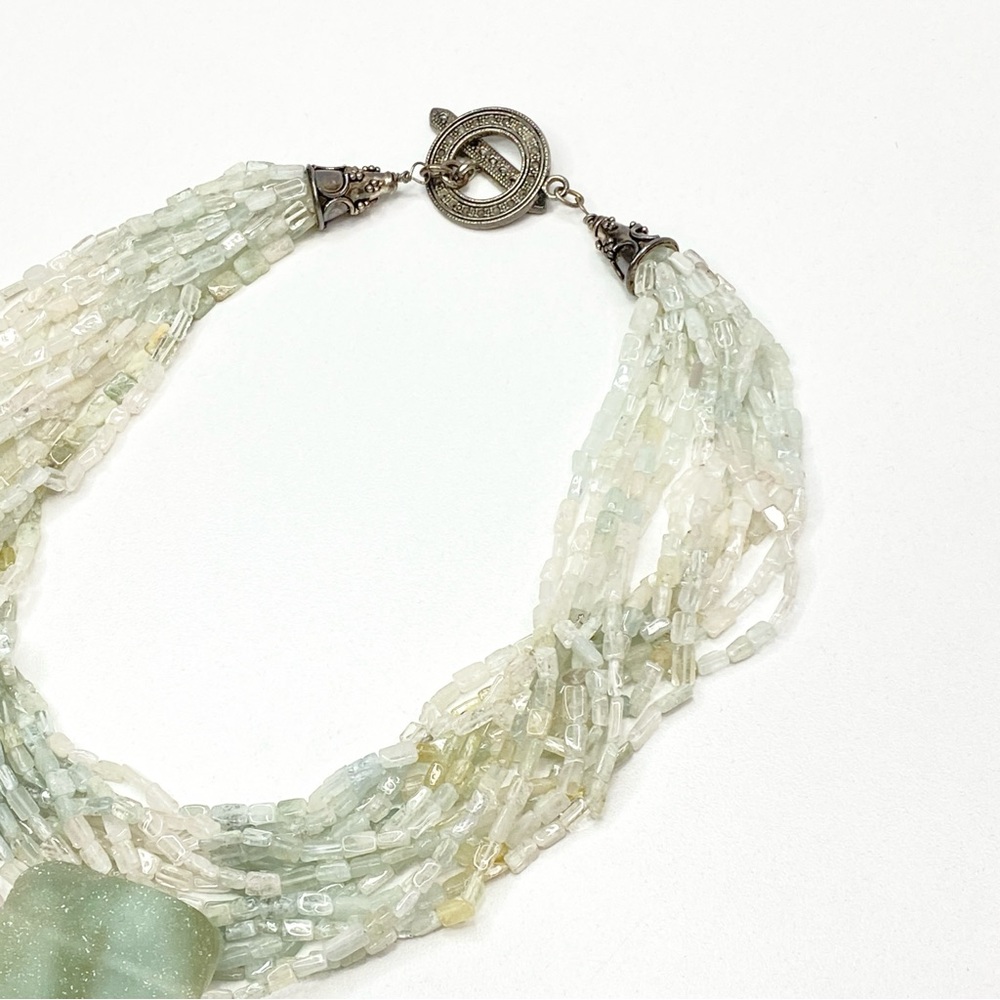 Vintage Pale Green Multi-Strand Beaded Necklace with Rectangular Pendant - Picture 8 of 15